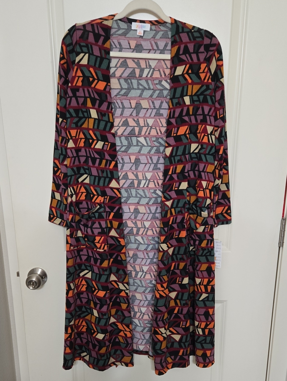 LuLaRoe Multicolor Geometric Open Front Duster - Purple, Orange, Green